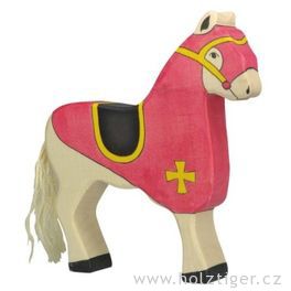 Červený turnajový kůň – vyřezávaná dřevěná figurka 